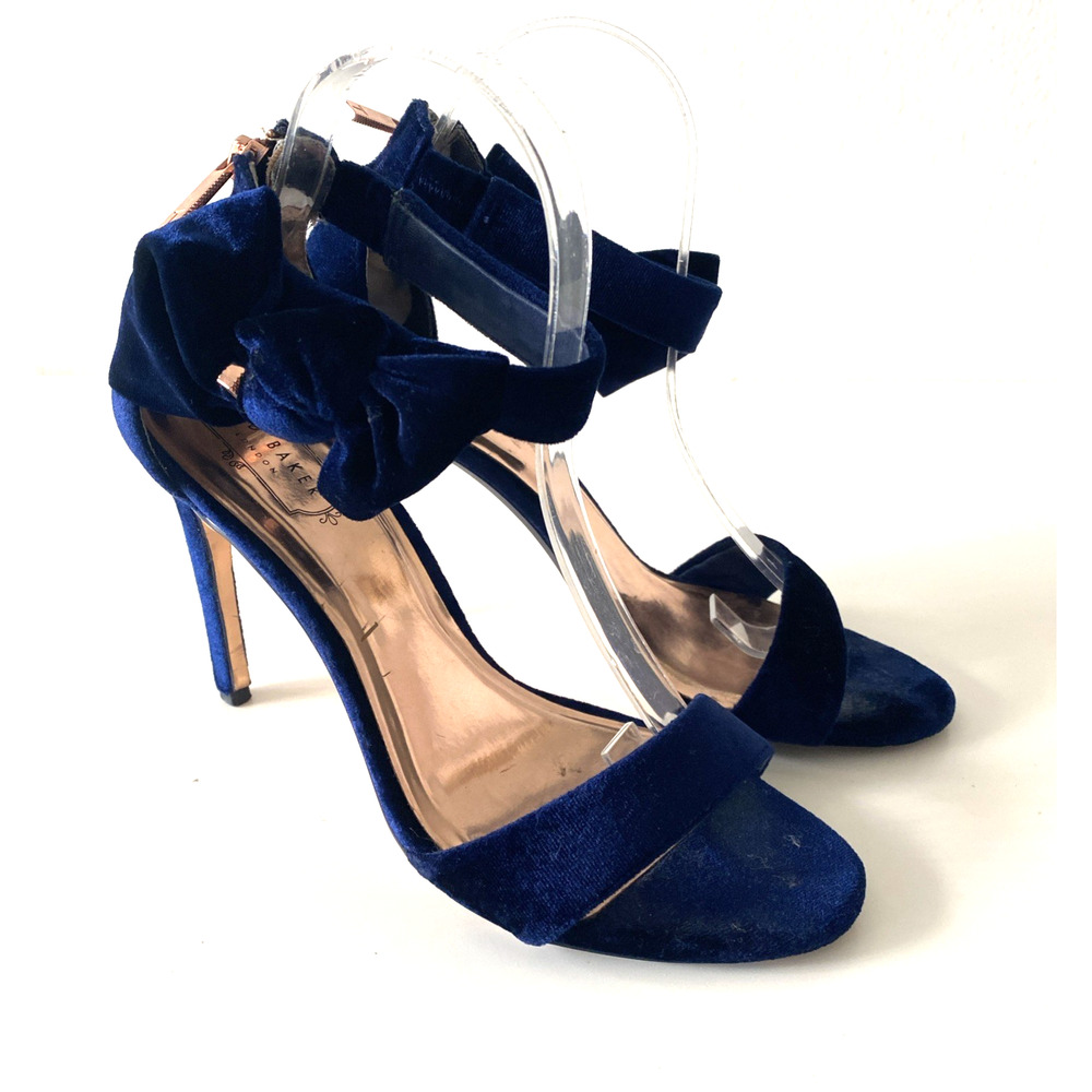 Ted Baker Torabel Velvet Blue Sandal Open Toe Slim Heel Stiletto Bow Back Zip 40 - Picture 3 of 10